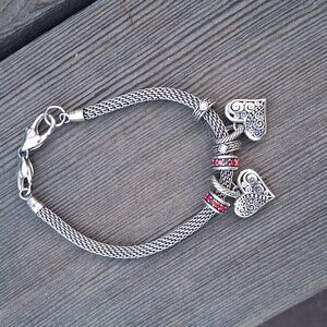 Brighton Silver Bracelet with Heart Charms and Red Spacers